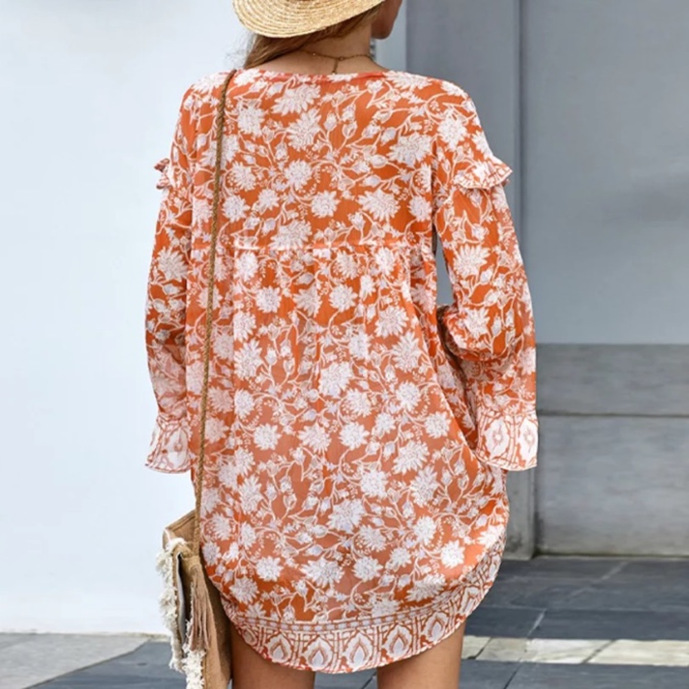 SOLD OUT Boho Orange Floral Chiffon Tunic Blouse - Picture 4 of 4